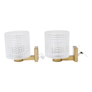 Brass and Glass Sconces by Carl Fagerlund for Orrefors, Sweden, 1960s, Set of 2 For Sale