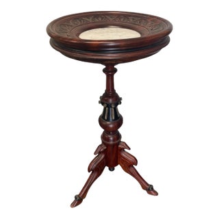 Antique Victorian Style Carved Walnut Inset Marble Top Plant Display Stand For Sale