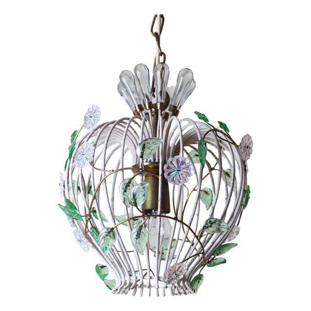 Mid-Century Modern Birdcage Hanging Lamp with Iridescent Flowers, 1950s For Sale