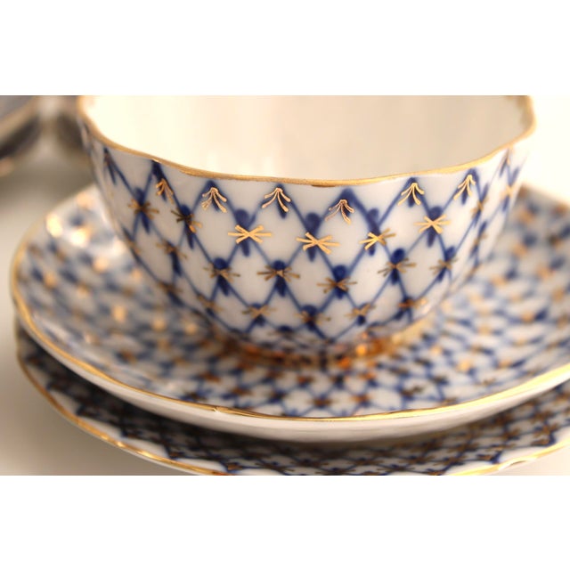 1980s 1980s Lomonosov Imperial Cobalt Net Porcelain Tea Set 30 Pcs, 10 Trios For Sale - Image 5 of 14