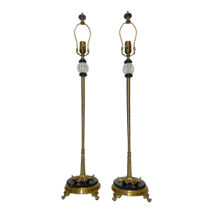 1990s Large Brass Marble Crystal Wildwood Modernist Electric Table Lamps Modern - a Pair