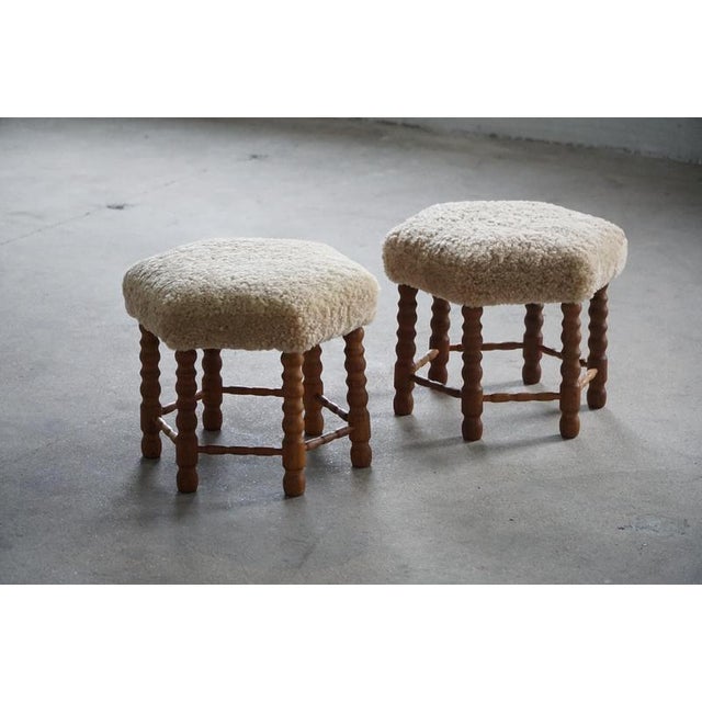 Mid-Century Danish Oak Stools with Hexagonal Seats and Bobbin Legs, 1950s, Set of 2 For Sale - Image 12 of 15