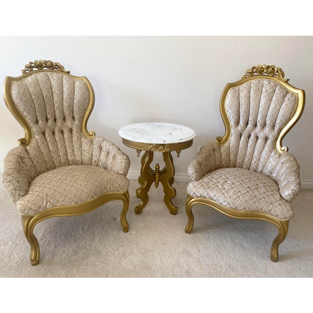 Victorian Style Kimball Style Tufted Gold Upholstered Pair of Parlor Chairs Vintage For Sale - Image 9 of 10
