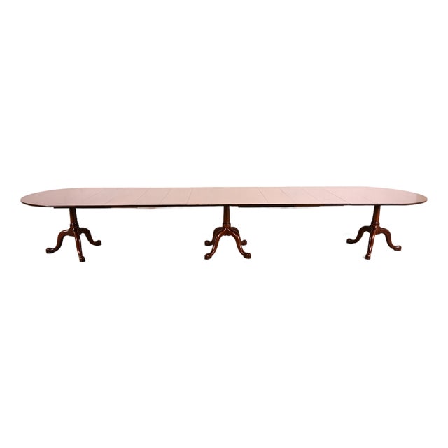Henkel Harris Georgian Solid Mahogany Monumental Triple Pedestal Extension Dining Table, Newly Refinished For Sale