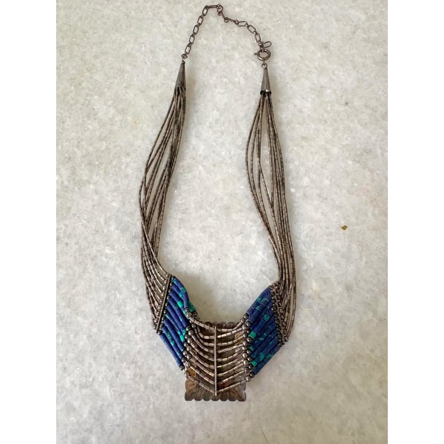 American Vintage Amercian Multi-Strand Liquid Silver Necklace With Azurite and Malachite Pendant For Sale - Image 3 of 3