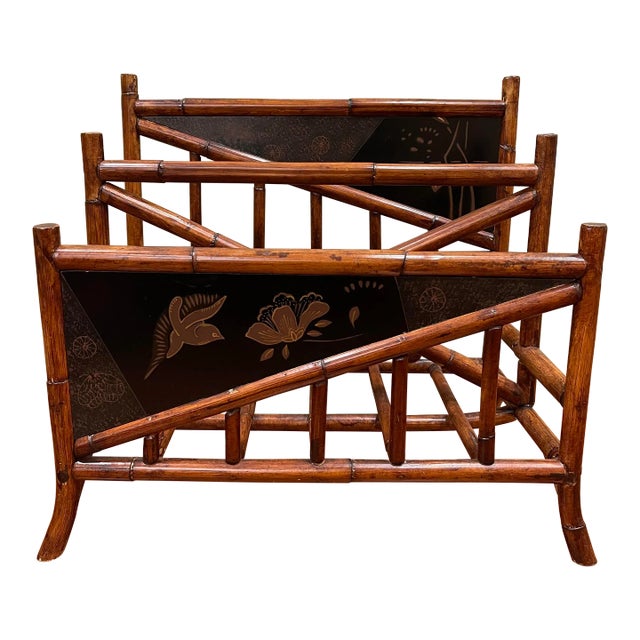 Vintage English Victorian Rattan Chinoiserie Bamboo Magazine Holder For Sale