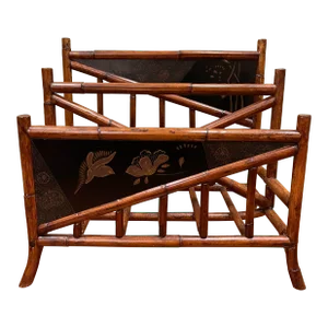 Vintage English Victorian Rattan Chinoiserie Bamboo Magazine Holder