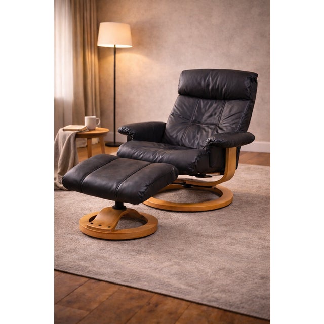 Set of Vintage Scandinavian Lounge Chair with Ottoman in Black Leather and Wood Frame, 1980s For Sale - Image 13 of 15