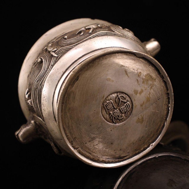 Vintage Silver-Plated Bronze Incense Burner With Dragon Lid - Asian Censer For Sale In Los Angeles - Image 6 of 8