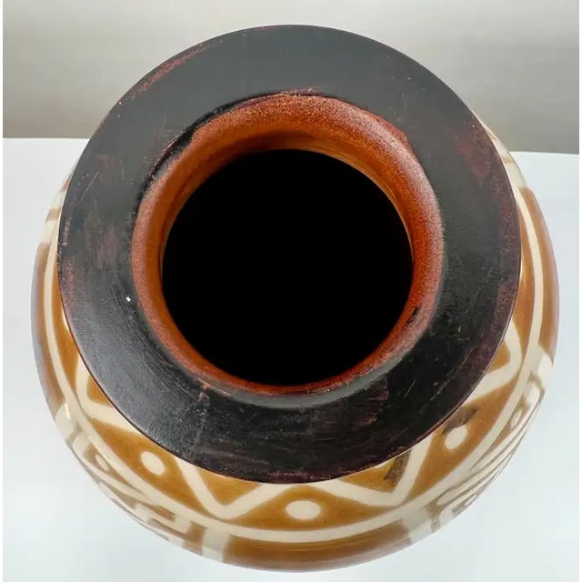 Early 21st Century Studio Pottery Brown & Off White Vase W Tribal-Inspired Geometric Motifs Signed For Sale - Image 5 of 13
