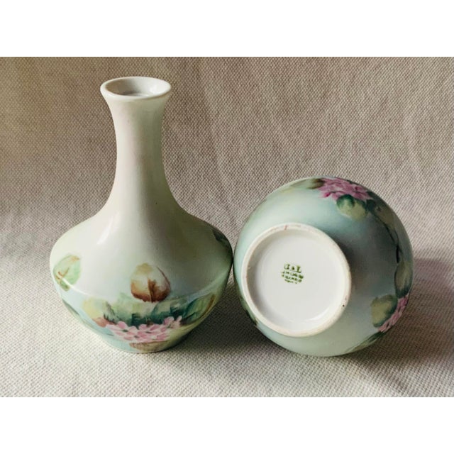 Pair of Antique French Porcelain Hand-Painted Bud Vases — Celadon, Pink Roses & Peaches, C. 1900 For Sale - Image 6 of 6