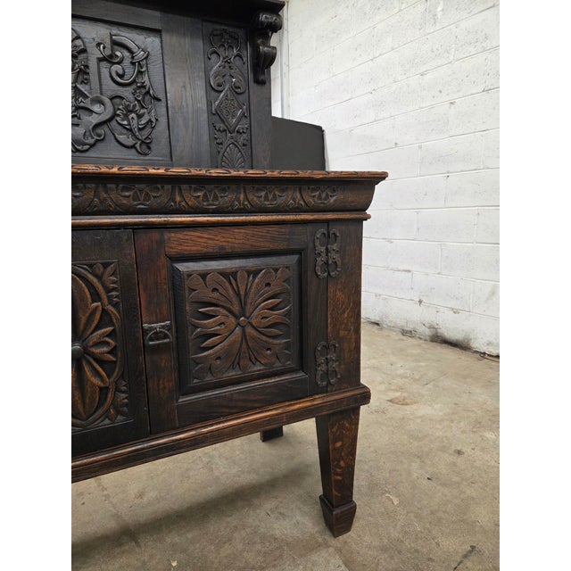 Unique 19th Century Oak Carved English Sideboard/Buffet With Tall Back For Sale - Image 9 of 11