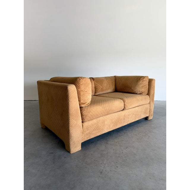 Camel Vintage Diamond Pattern Corduroy Parsons Loveseat For Sale - Image 8 of 12