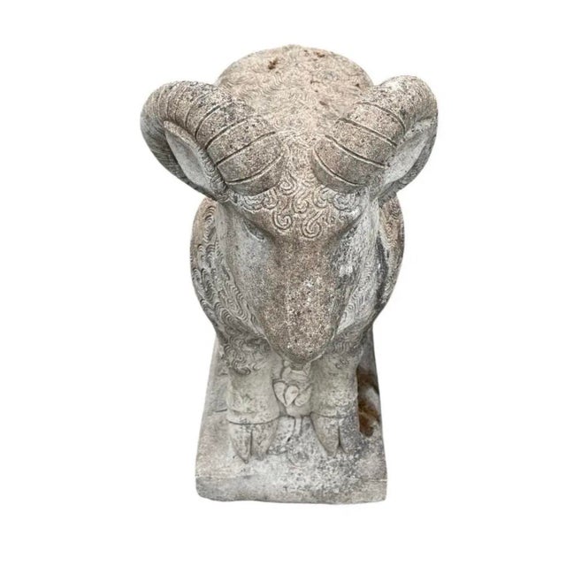 Vintage Stylized Cast Stone Ram Garden Statue With Swirl Relief Detail For Sale - Image 4 of 12