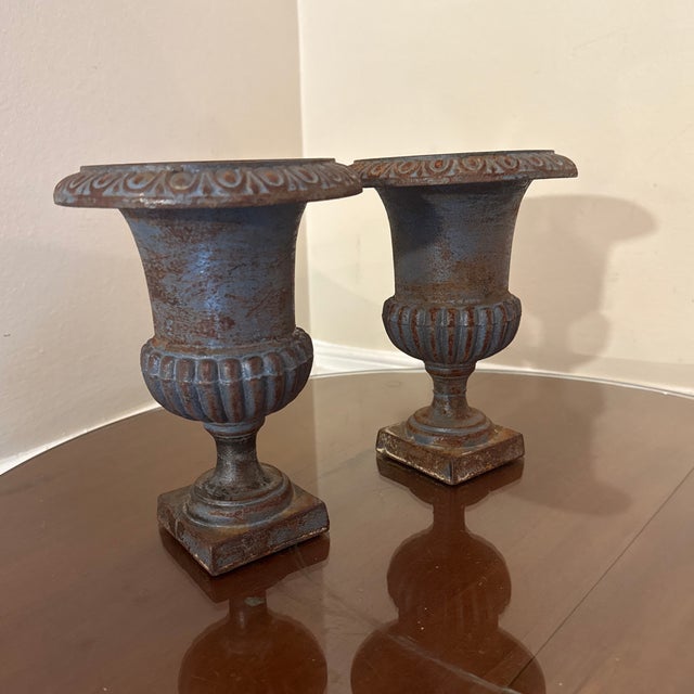 Brown Small Miniature Antique Cast Iron Urn Planter ~ a Pair For Sale - Image 8 of 10