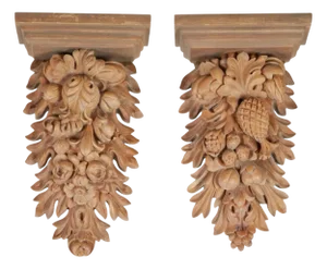 19th-C. Large French Carved & Cerused Fruit & Floral Pine Wall Brackets - Pair