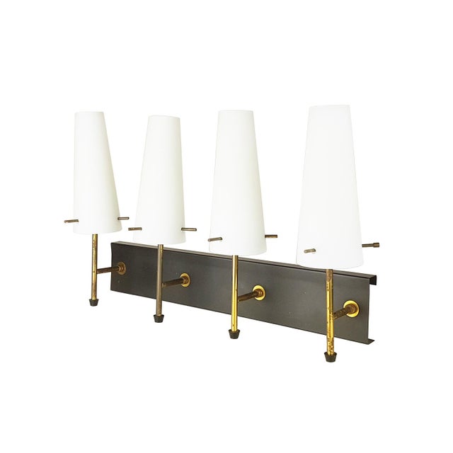 Black Metal, Brass & Opaline Glass 4-Light Wall Lamps, 1950s, Set of 5 For Sale - Image 11 of 15