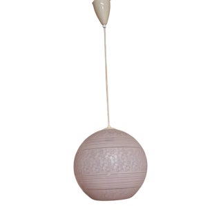 Vintage Ceiling Lamp with a Spherical Pink Patterned Glass Shade on a Cream-Colored Plastic Mount, 1970s For Sale