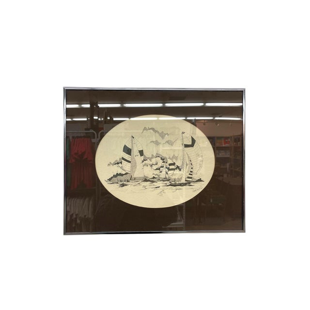 This is a finely detailed pen-and-ink maritime illustration depicting multiple sailboats in motion, rendered with...