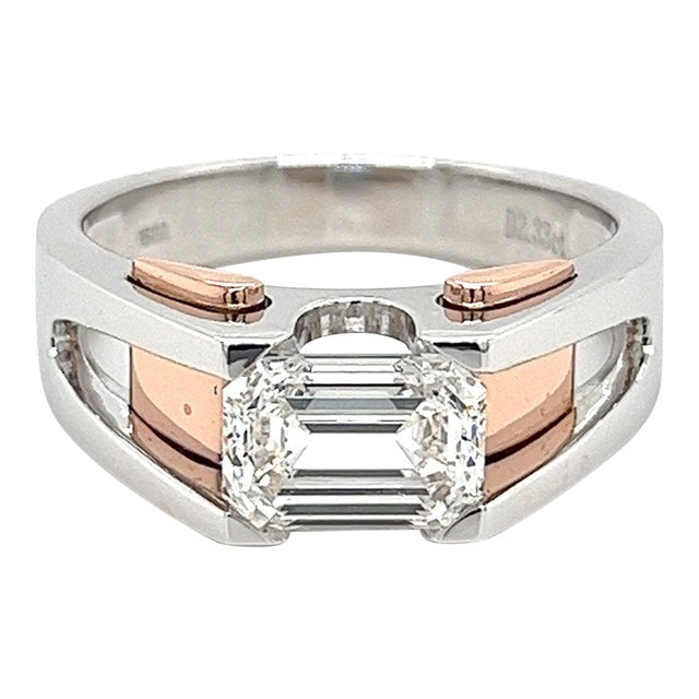 2.87 Carat Emerald Cut Lab Grown Diamond Mens Ring in 2-Tone Rose/White Gold Size 10 For Sale