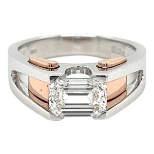 2.87 Carat Emerald Cut Lab Grown Diamond Mens Ring in 2-Tone Rose/White Gold Size 10
