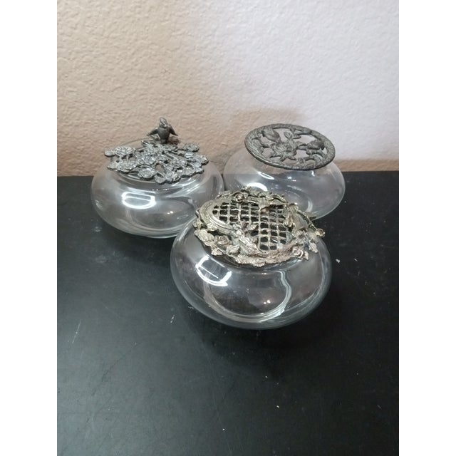 GORGEOUS TRIO of 4" Potpourri Squat Vases with Filigree Pewter Lids. Extra pewter lid FREE This product is a Trio of 4"...