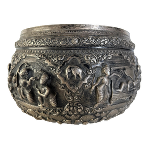 Late 19th C. Silver Figurative Bowl With Ramayana Scenes (Yama Zatdaw), Burma - 1 Piece