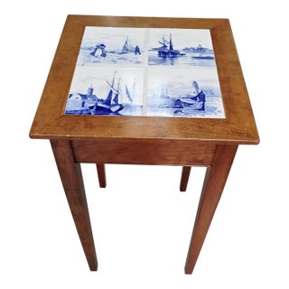 1990s Solid Cherry Side Table With Vintage Delft Tiles For Sale