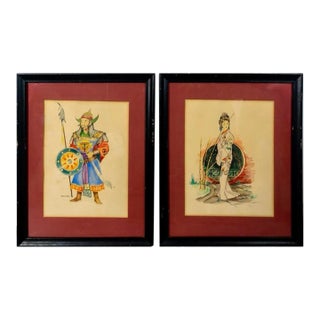 Mid 20th Century Stan Burger, Pair of Watercolor Paintings, Hime and Samurai For Sale