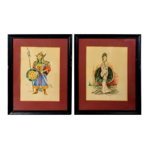 Mid 20th Century Stan Burger, Pair of Watercolor Paintings, Hime and Samurai