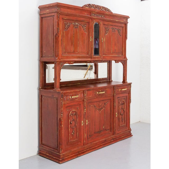 French Patinated Walnut 2-Body Buffet in Red and Gold, 1920 For Sale - Image 3 of 18