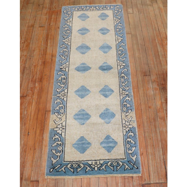Mid-Century Modern Vintage Blue Tan Small Turkish Runner - 2'2" x 6' For Sale - Image 3 of 7