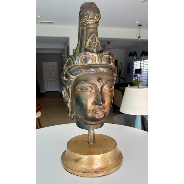 Vintage Gilt Bronze Bust Giltwood Stand Buddhist Deity Kannon Bosatsu For Sale - Image 4 of 17
