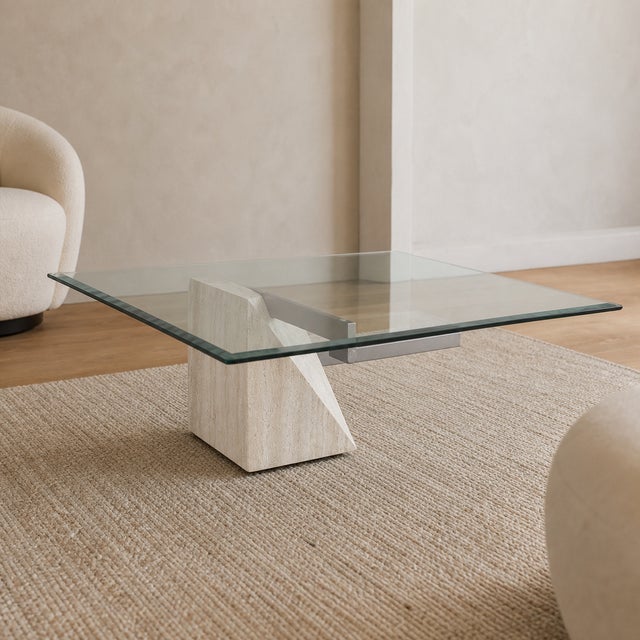 1980s 1980s Postmodern Glass Coffee Table With Travertine Base For Sale - Image 5 of 18