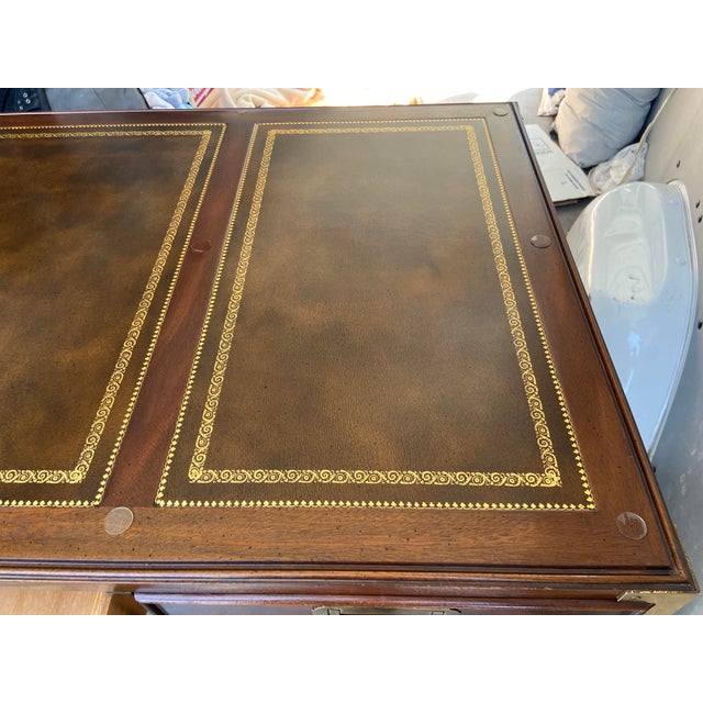 Animal Skin Vintage Sligh Furniture Leather Top Mid Century Modern Campaign Executive Desk For Sale - Image 7 of 17