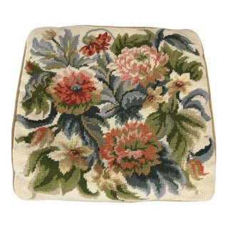 Vintage Floral Needlepoint Pillow Cover Gold Velvet Back Square 14" Hand Stitched Rose For Sale