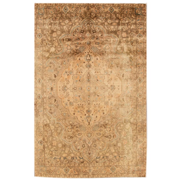 Beige Vintage Tabriz Handmade Beige Medallion Floral Wool Rug For Sale - Image 8 of 8