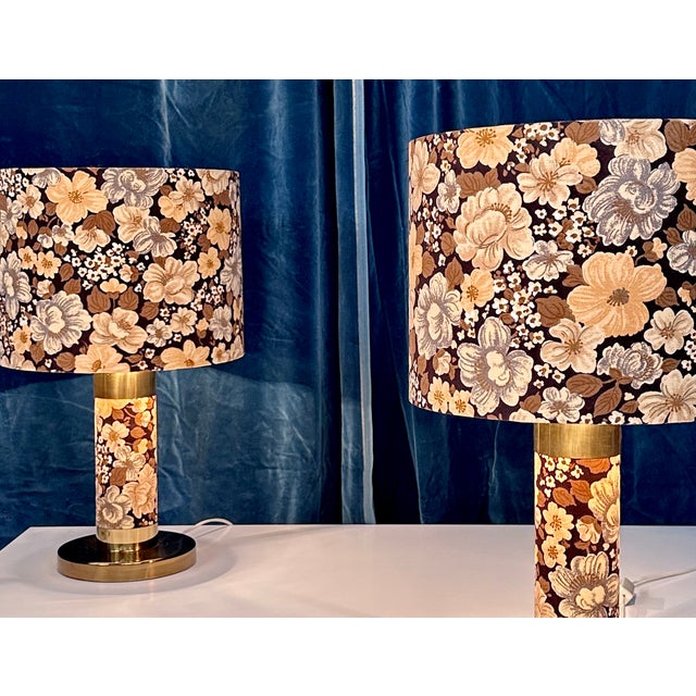 Brutalist Large Brutalist Table Lamps in Velvet and Brass with Opulent Floral Decor, 1970s, Set of 2 For Sale - Image 3 of 18