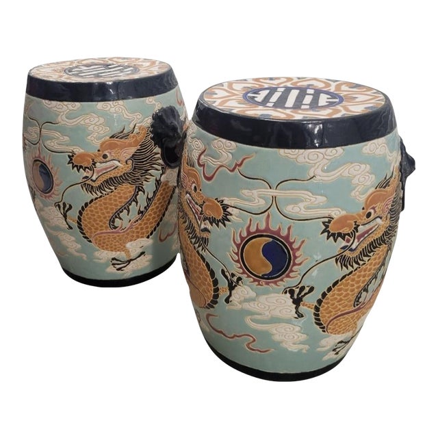 Vintage Chinoiserie Dragon Cloud Foodog Ceramic Garden Stools- A Pair For Sale