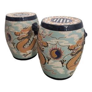 Vintage Chinoiserie Dragon Cloud Foodog Ceramic Garden Stools- A Pair