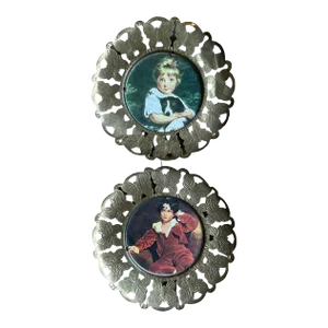 Vintage English Brass Butterfly Round Picture Frames Made in England - a Pair