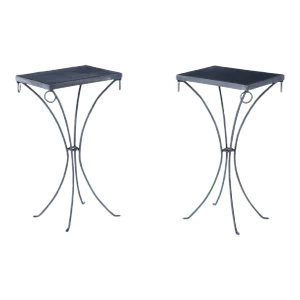 Pair Polished Iron Drinks Tables With Ring Decoration and Black Distressed Leather Hand Stitched Tops So as to Look Vintage.