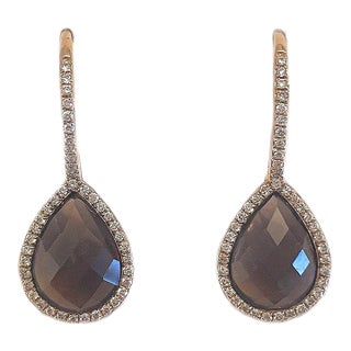 Diamond Halo Set Faceted Smokey Topaz Rose Gold 14k Earrings, A Pair For Sale