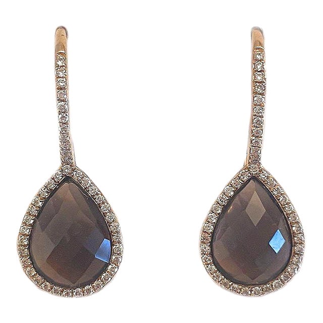 Diamond Halo Set Faceted Smokey Topaz Rose Gold 14k Earrings, A Pair For Sale