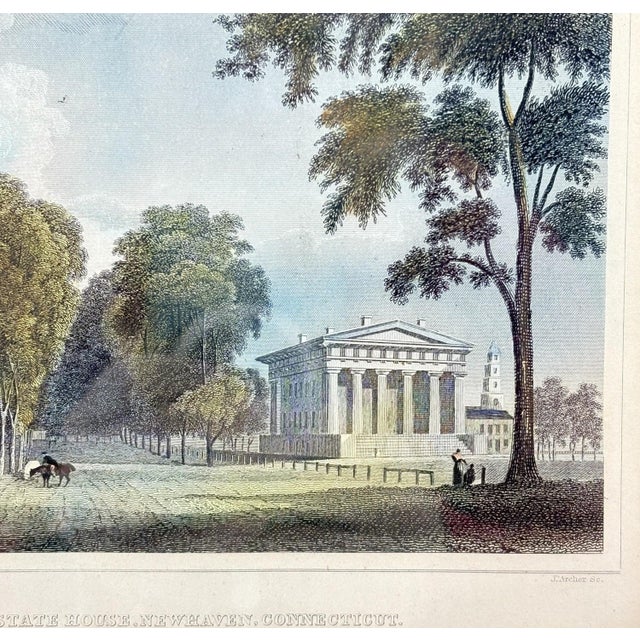 Black Antique Hand-Colored Steel Engraving: "Yale College & State House, New Haven, Connecticut" (C. 1831) Reproduction For Sale - Image 8 of 11