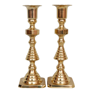 English Brass Beehive Candlestick Holders, a Pair