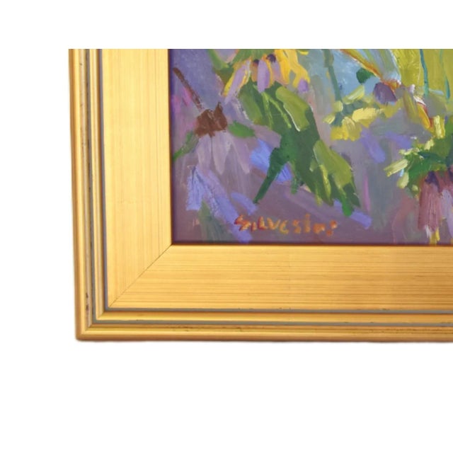 Sunflowers and Young Girl in Pink Dress by Listed Artist Silvio Silvestri Oil Painting W/ Antiqued Gold Wood Frame For Sale - Image 10 of 11