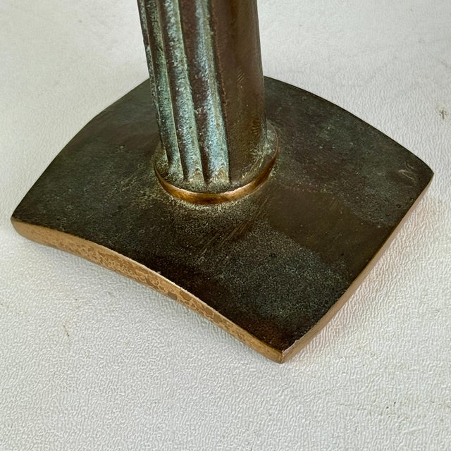 Antique Pair of Solid Bronze Art Nouveau French Candlesticks in Column Design and Brass Finish For Sale - Image 11 of 13