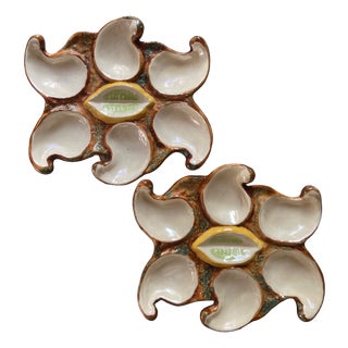Vintage French Majolica Oyster Plates from Vallauris, 1950s, Set of 2 For Sale