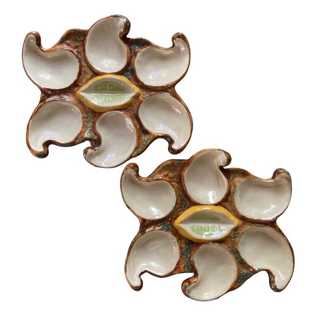 Vintage French Majolica Oyster Plates from Vallauris, 1950s, Set of 2 For Sale